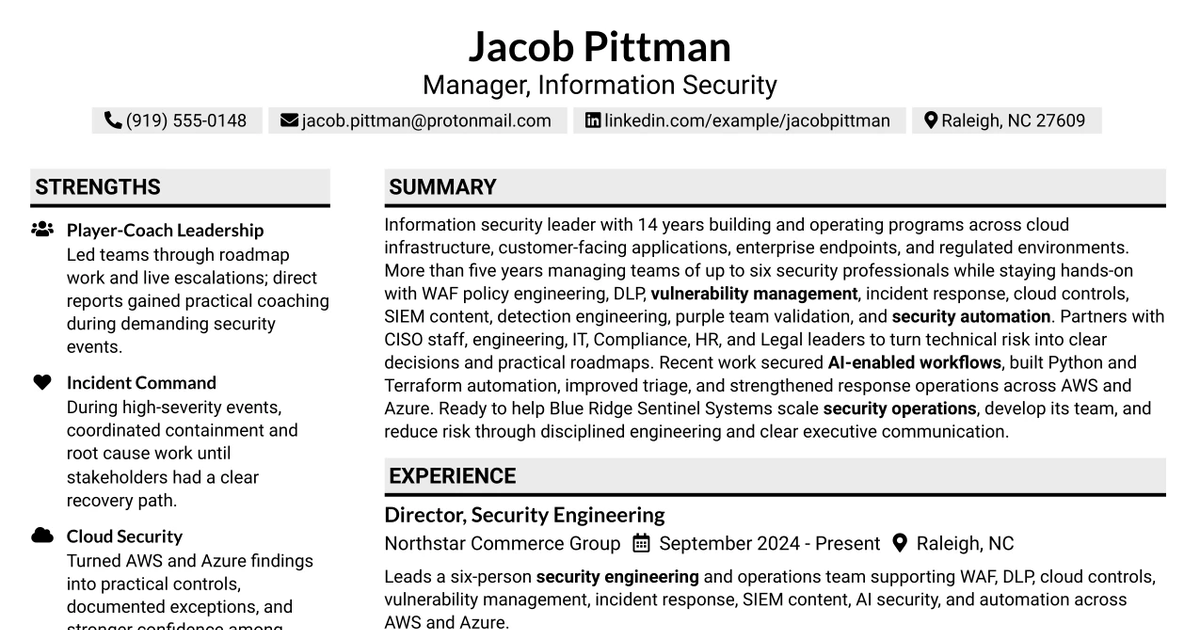 33 Manager, Information Security Resume Templates with Example 2026 (ATS-Optimized)