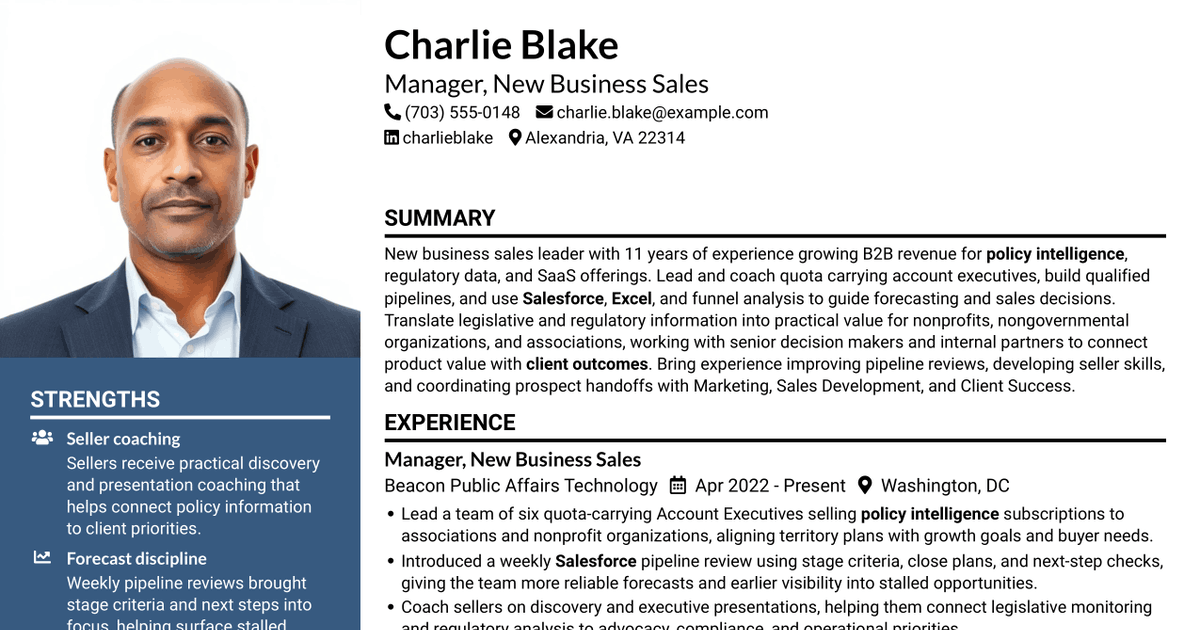 7 Manager, New Business Sales - Policy Intelligence Resume Templates with Example
