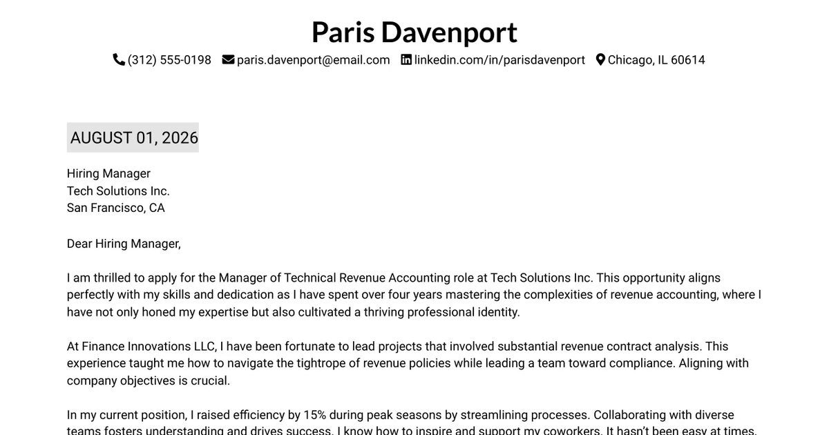 30+ Manager of Technical Revenue Accounting Cover Letter Templates with Example 2026