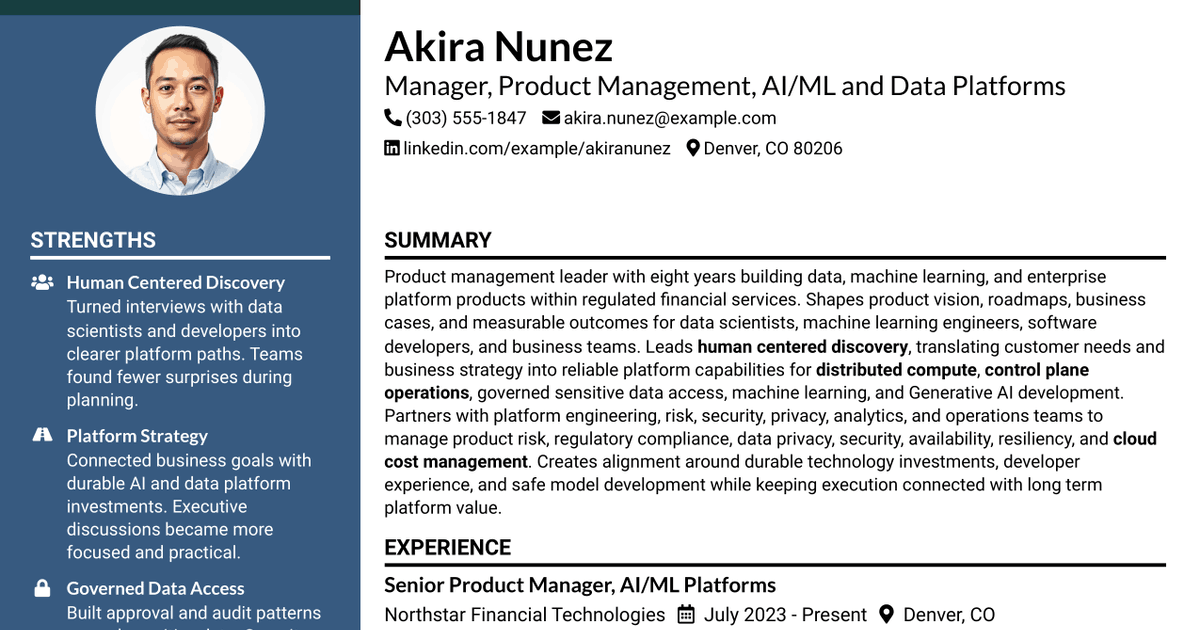 7 Manager, Product Management - AI/ML & Data Platforms Resume Templates with Example