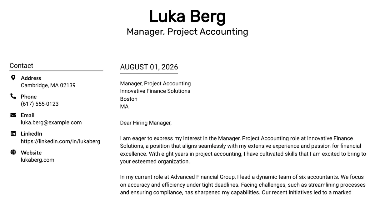 30+ Manager, Project Accounting Cover Letter Templates with Example 2026