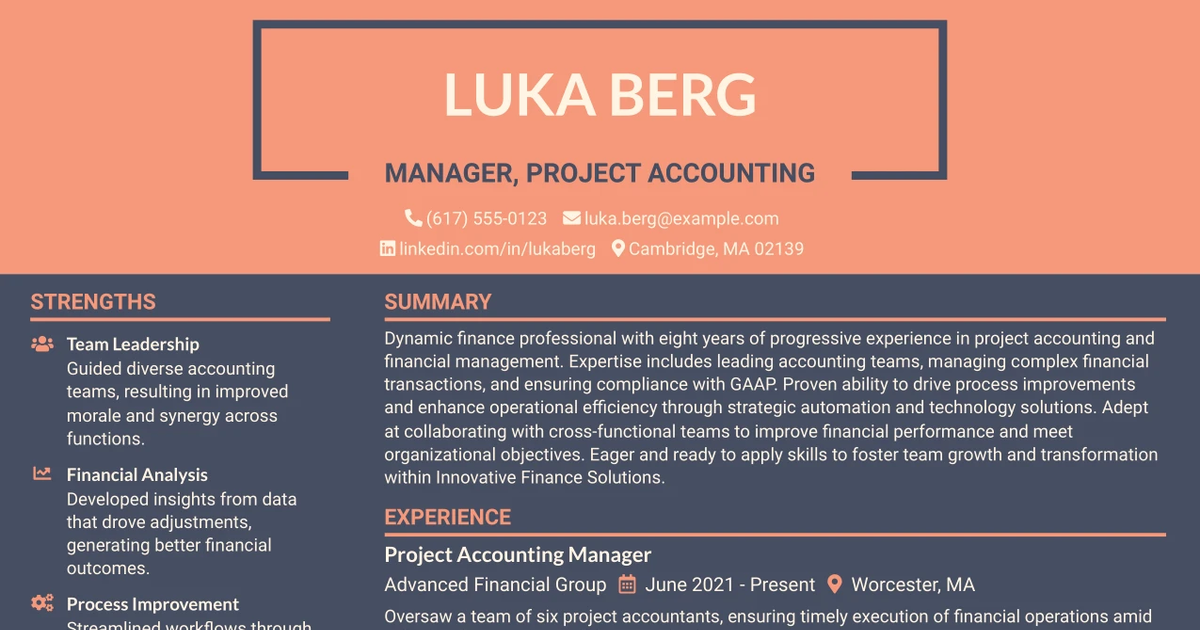 33 Manager, Project Accounting Resume Templates with Example 2026 (ATS-Optimized)