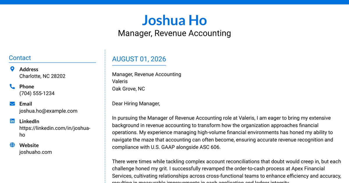 30+ Manager, Revenue Accounting Cover Letter Templates with Example 2026
