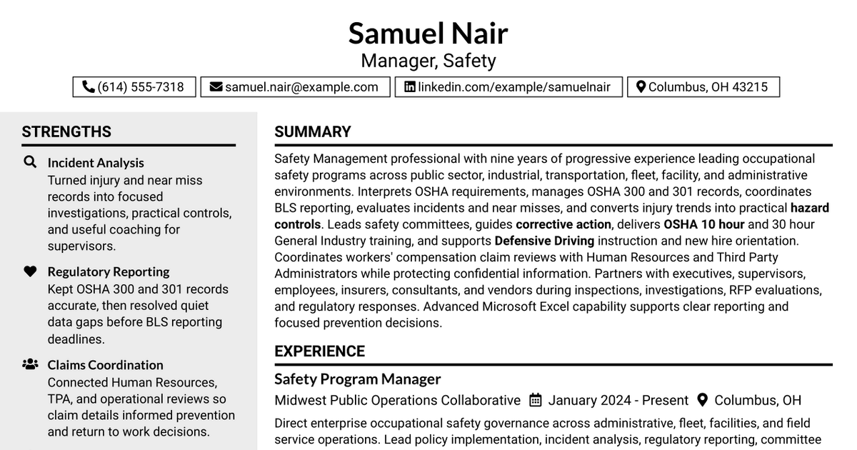 7 Manager - Safety Resume Templates with Example