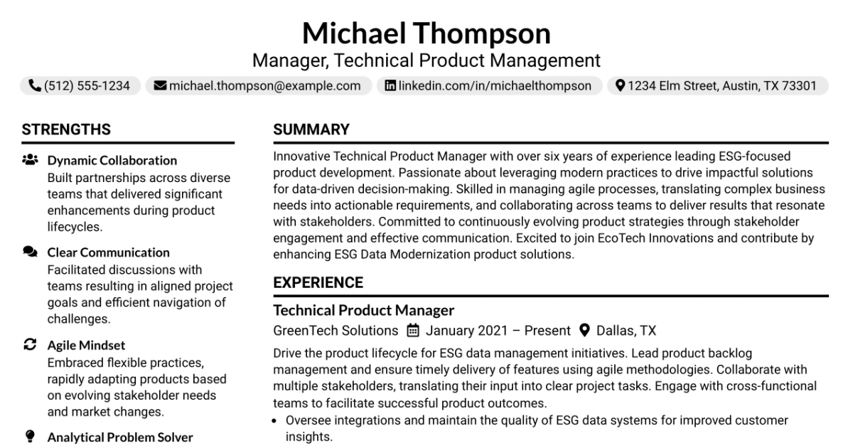 33 Manager, Technical Product Management Resume Templates with Example 2026 (ATS-Optimized)