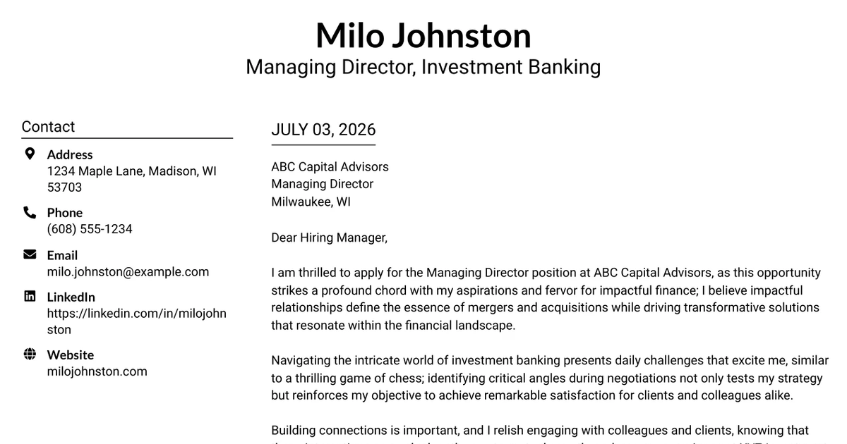 30+ Managing Director, Investment Banking Cover Letter Templates with Example 2026