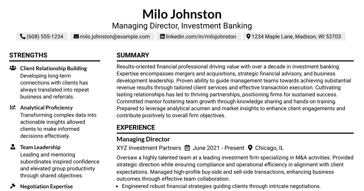 33 Managing Director, Investment Banking Resume Templates with Example 2026 (ATS-Optimized)