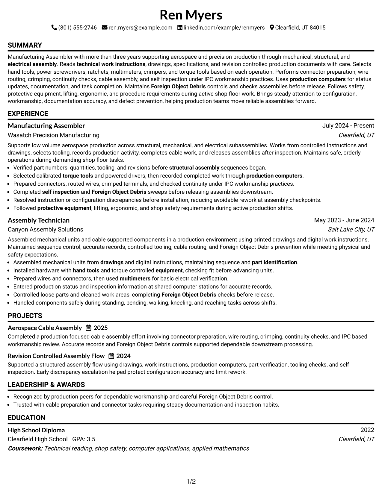 Resume Example Page 1