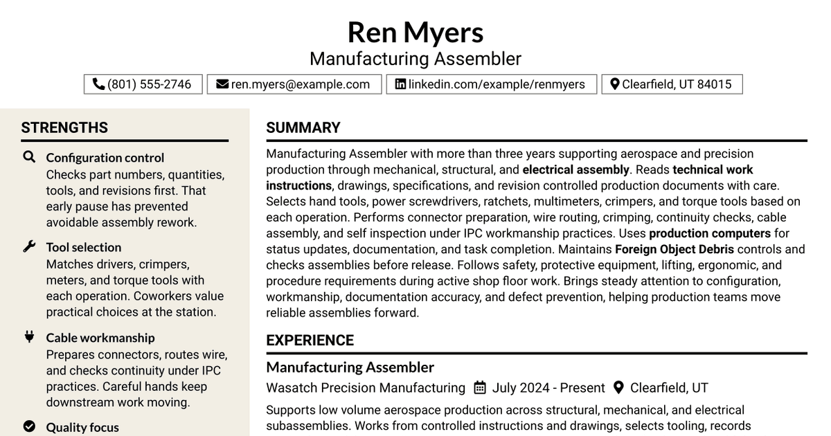 7 Manufacturing Assembler Resume Templates with Example