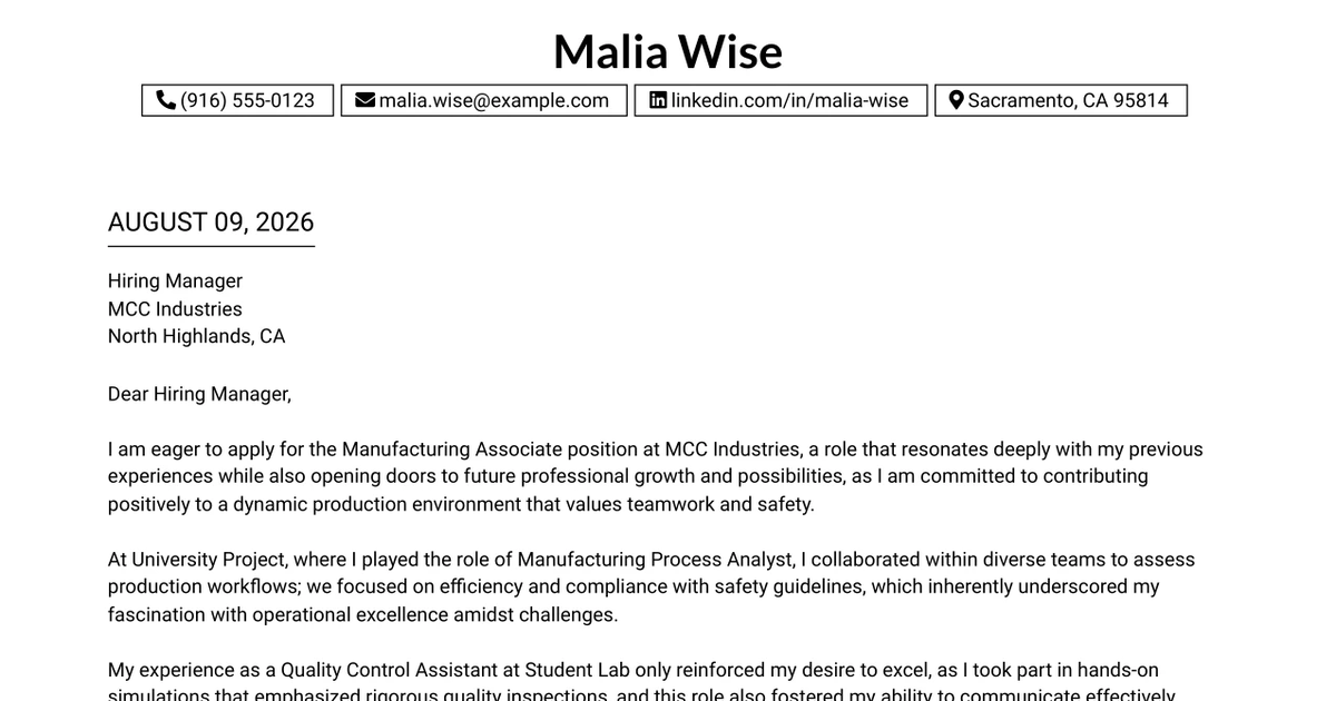 30+ Manufacturing Associate Cover Letter Templates with Example 2026