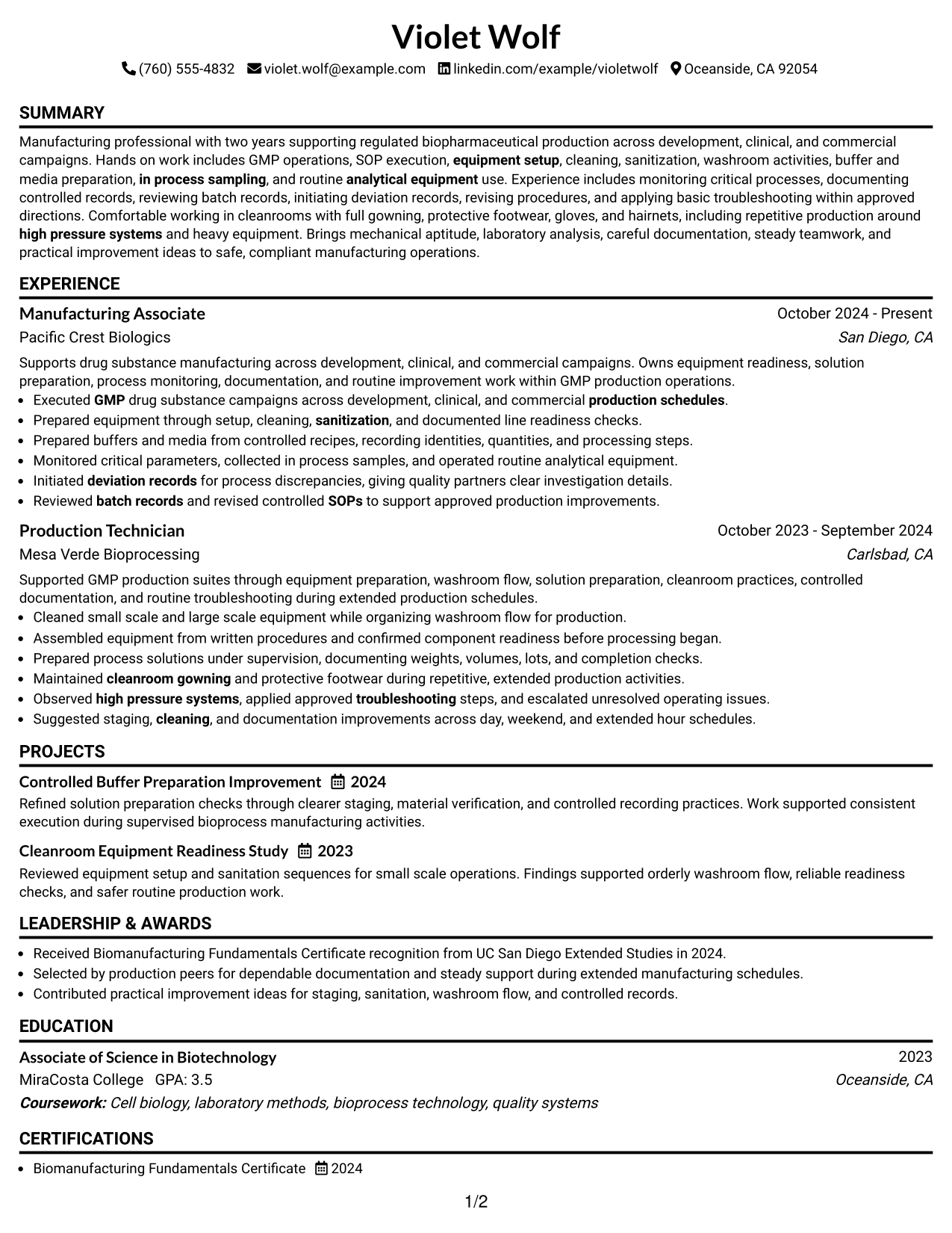 Resume Example Page 1