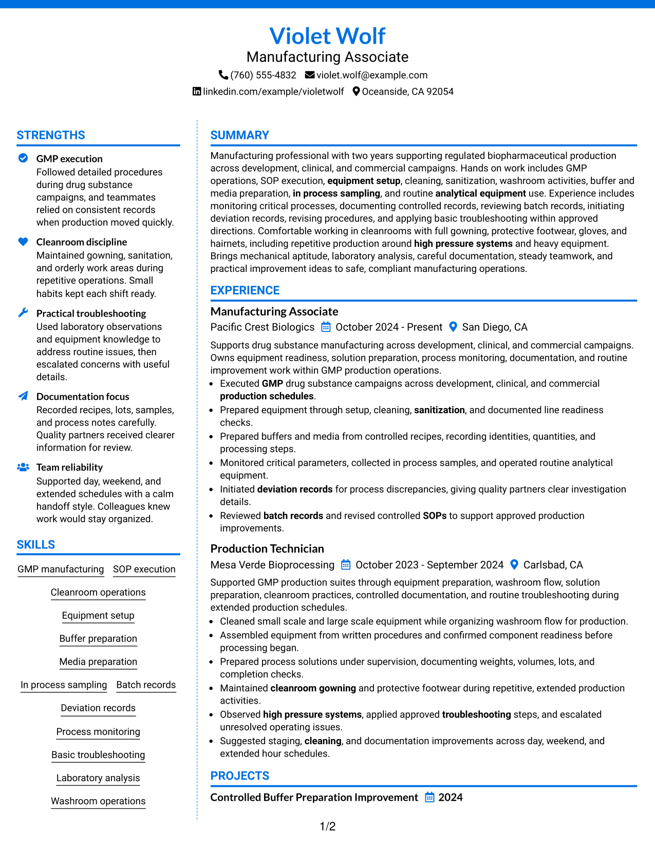 Resume Example Page 1
