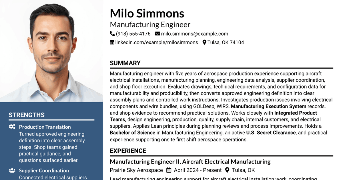 7 Manufacturing Engineer - Associate or Experienced Resume Templates with Example