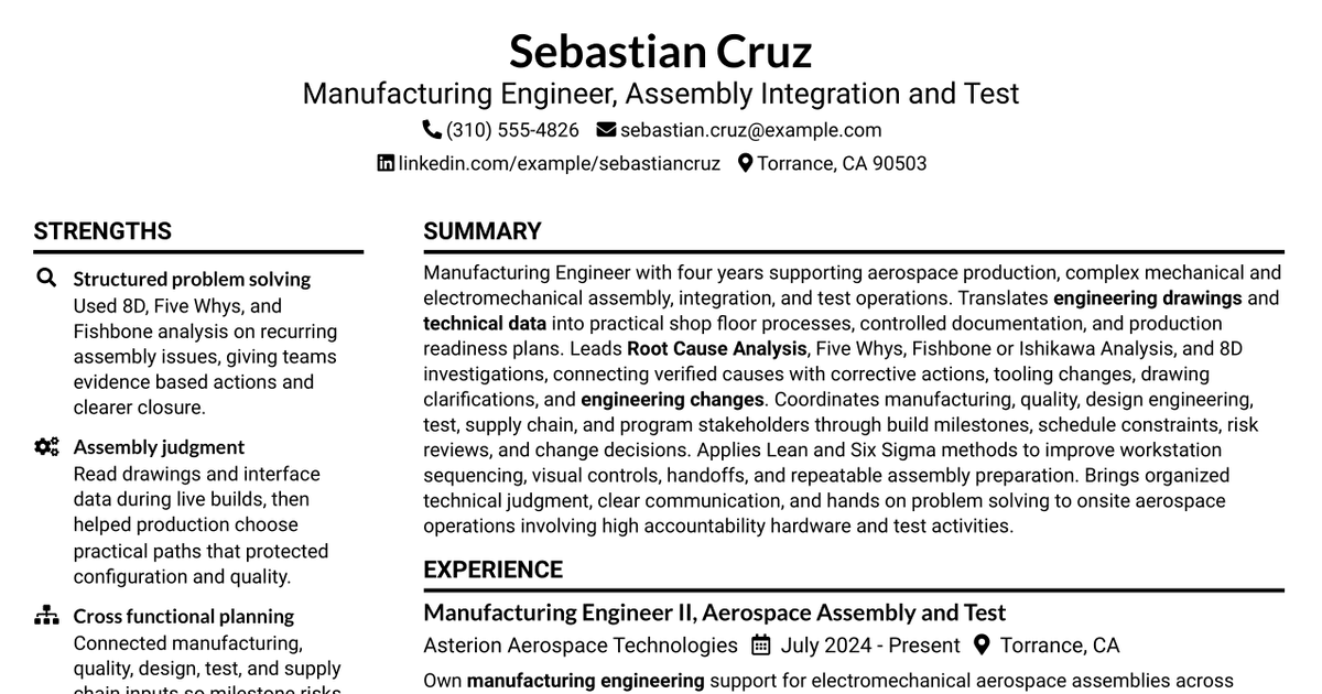 7 Manufacturing Engineer - ATLO Resume Templates with Example
