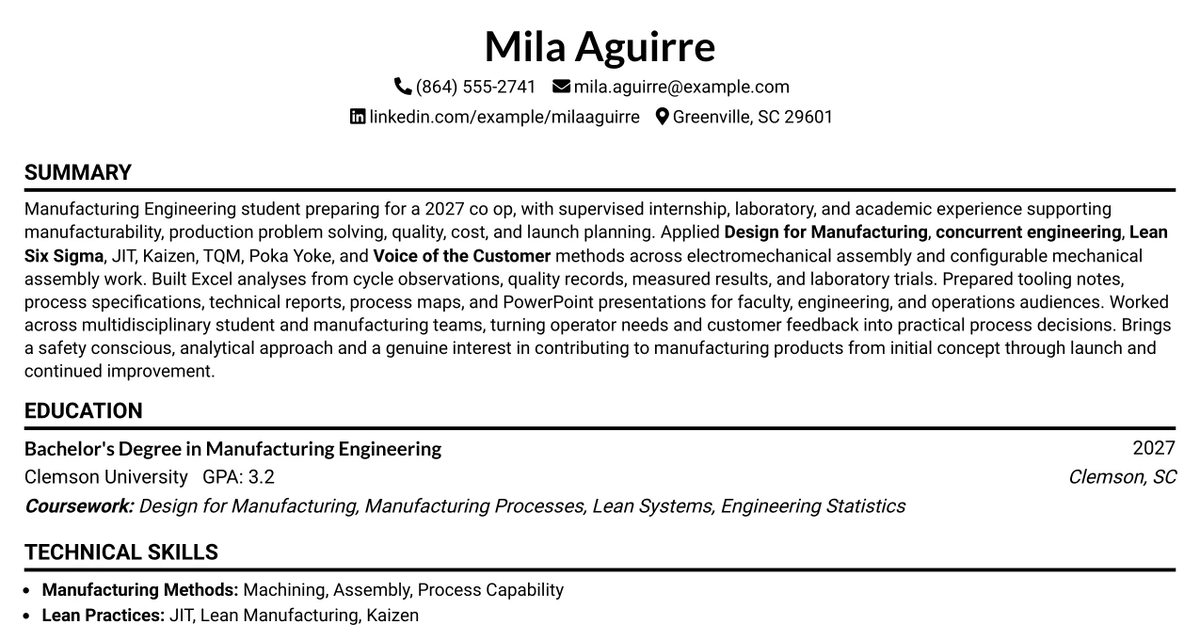 33 Manufacturing Engineer Co-op - Manufacturing Product Development Resume Templates with Example 2026 (ATS-Optimized)