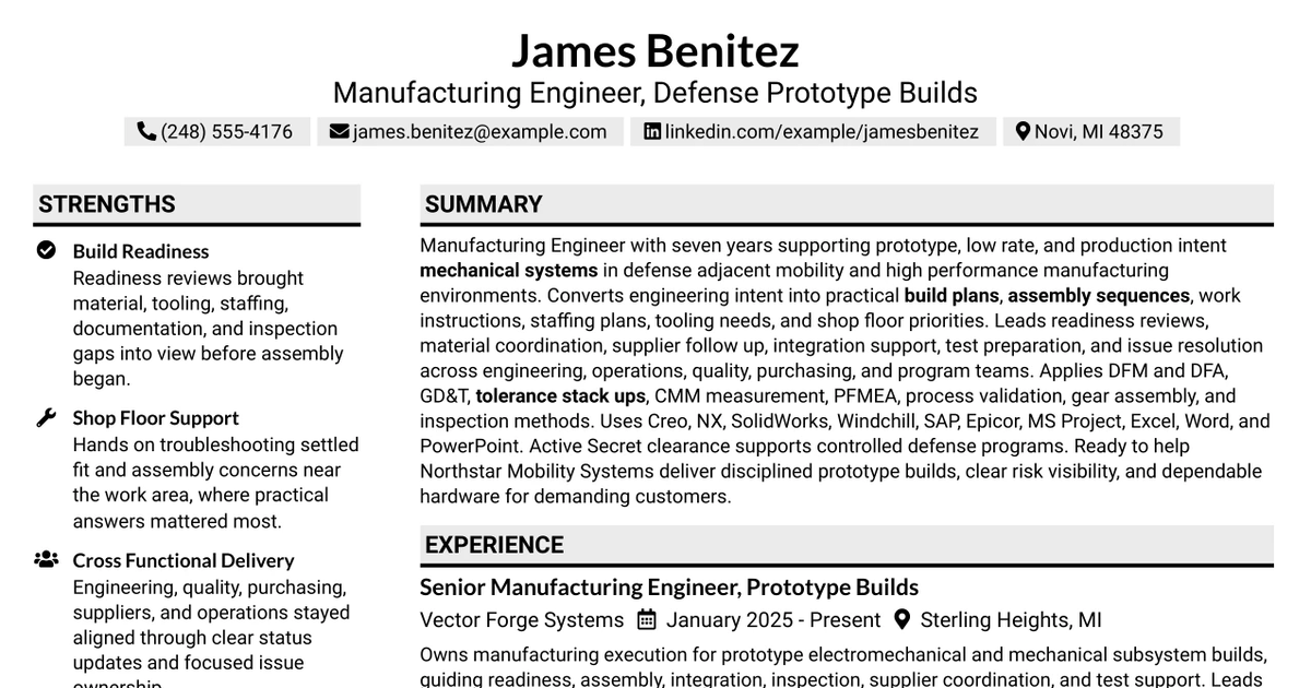 33 Manufacturing Engineer - Defense Prototype Builds Resume Templates with Example 2026 (ATS-Optimized)