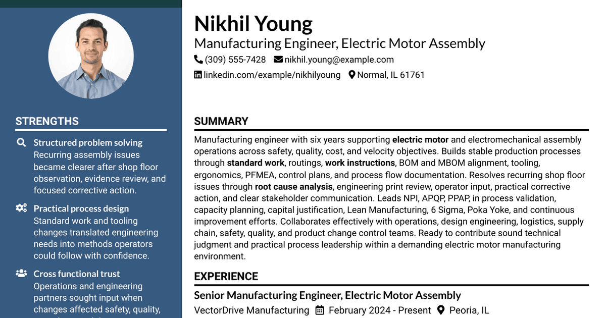 7 Manufacturing Engineer - Electric Motor Resume Templates with Example