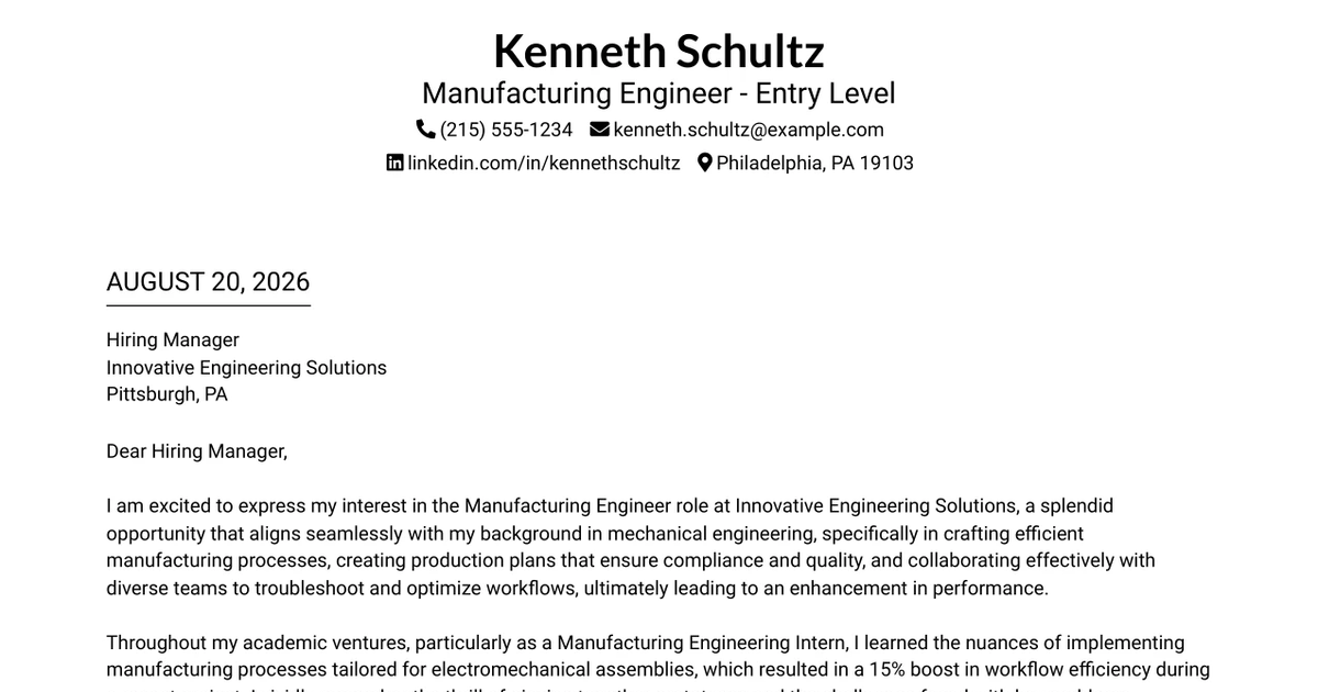 30+ Manufacturing Engineer - Entry Level Cover Letter Templates with Example 2026
