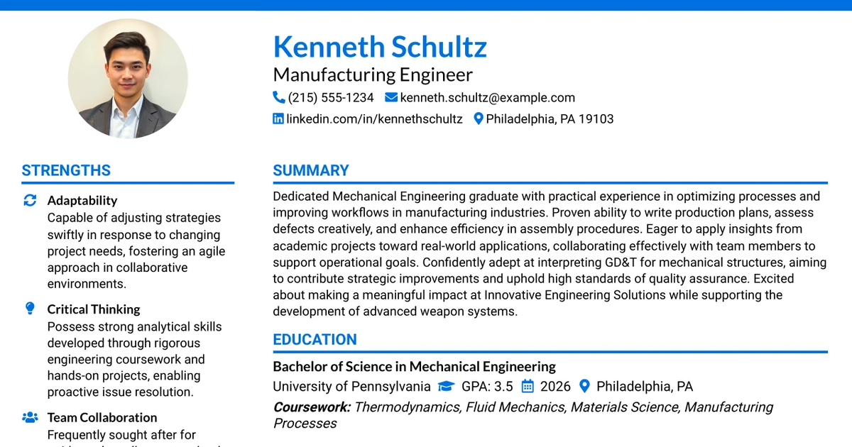 33 Manufacturing Engineer - Entry Level Resume Templates with Example 2026 (ATS-Optimized)