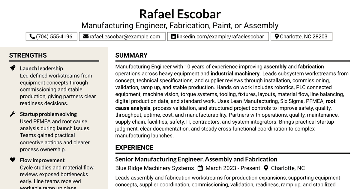 7 Manufacturing Engineer - Fabrication, Paint, or Assembly Resume Templates with Example