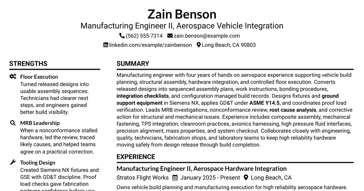33 Manufacturing Engineer II (Arc Vehicle) Resume Templates with Example 2026 (ATS-Optimized)
