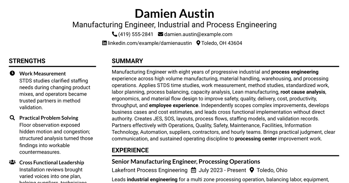 7 Manufacturing Engineer - Industrial and Process Engineering Resume Templates with Example