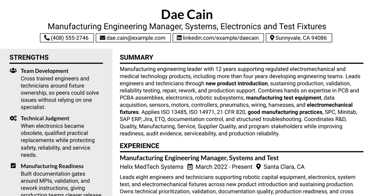 7 Manufacturing Engineer Manager - Systems, Electronics & Test Fixtures Resume Templates with Example
