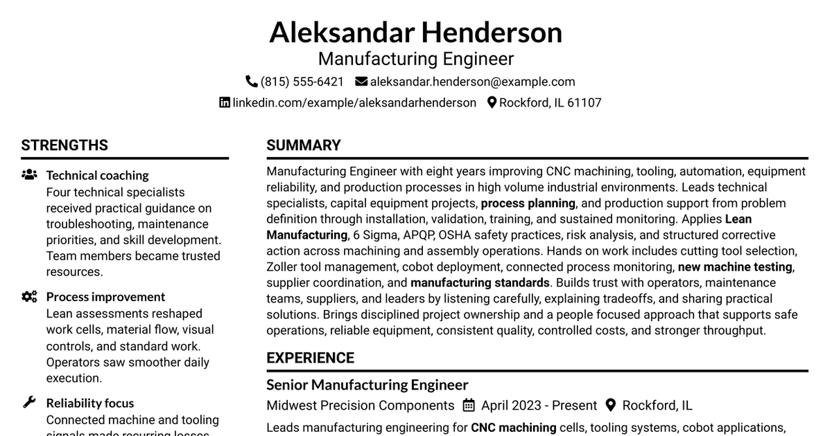 7 Manufacturing Engineer Resume Templates with Example