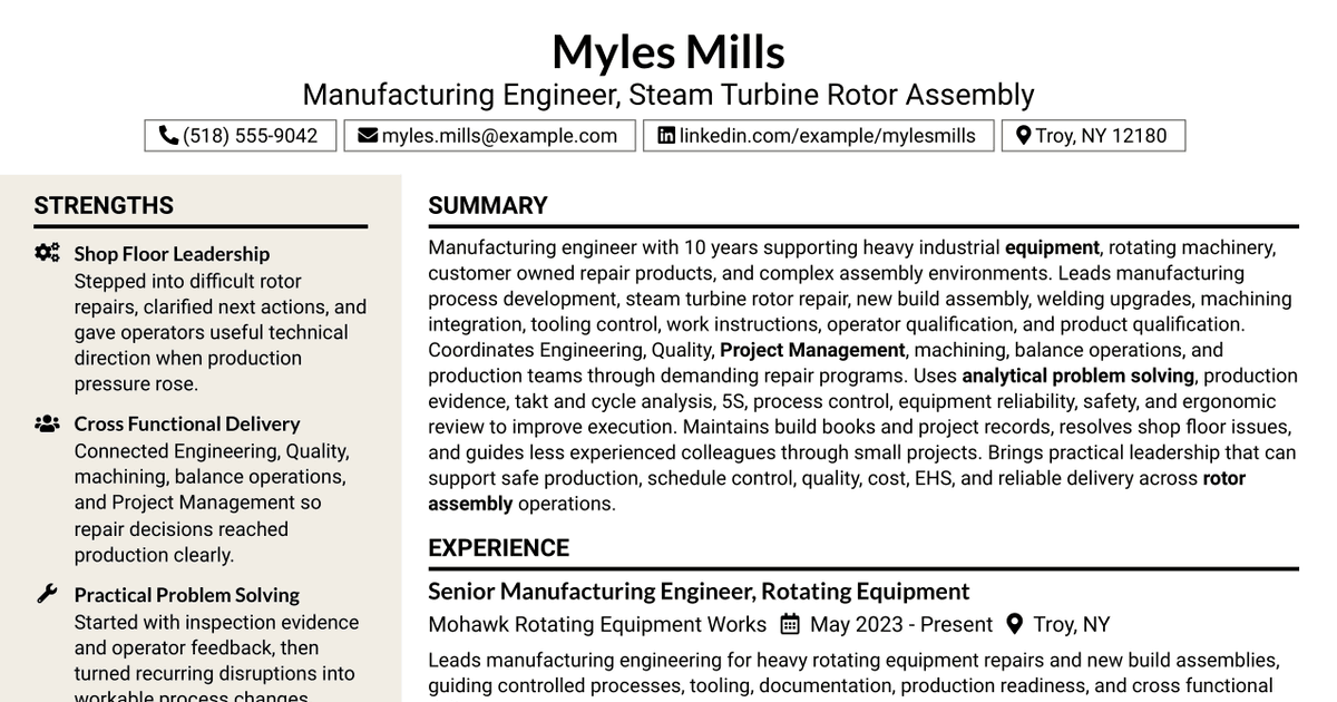 7 Manufacturing Engineer - Steam Turbine Rotor Assembly Resume Templates with Example