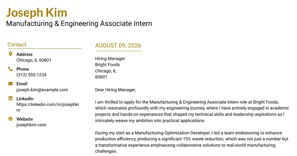 30+ Manufacturing & Engineering Associate Intern Cover Letter Templates with Example 2026