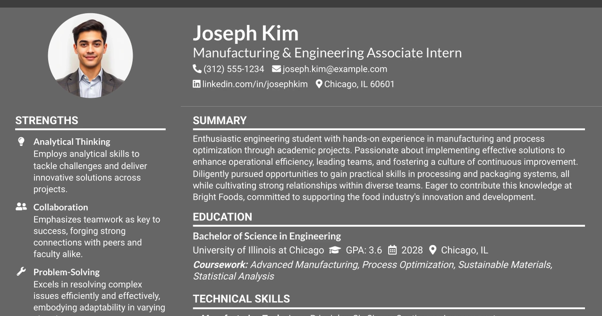 33 Manufacturing & Engineering Associate Intern Resume Templates with Example 2026 (ATS-Optimized)
