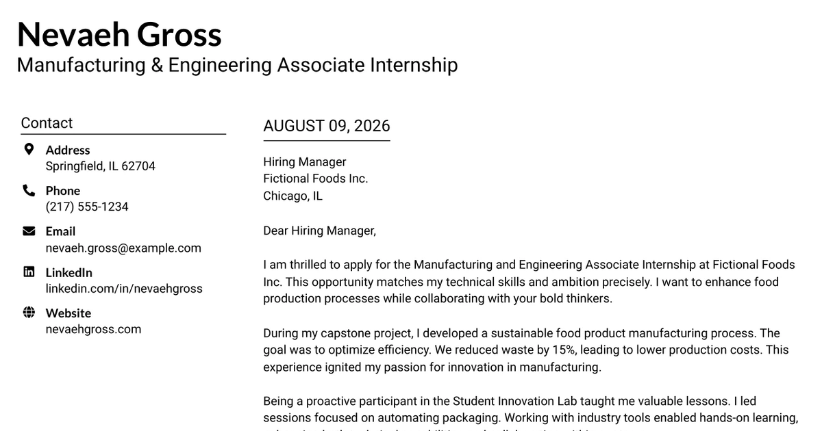 30+ Manufacturing & Engineering Associate Internship Cover Letter Templates with Example 2026