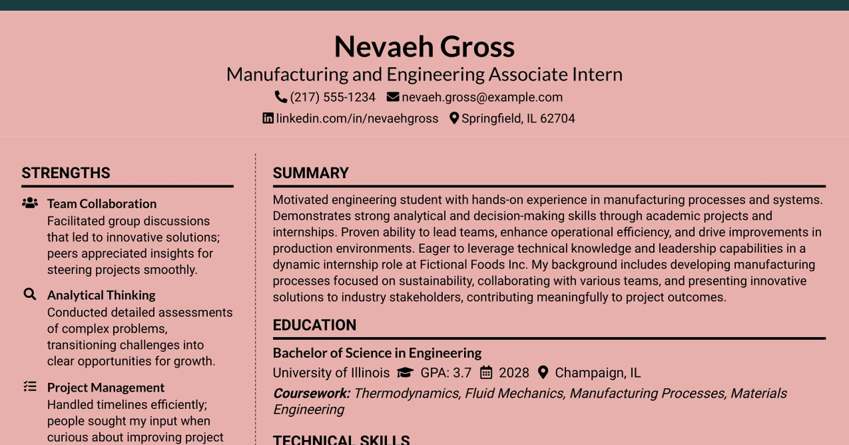 33 Manufacturing & Engineering Associate Internship Resume Templates with Example 2026 (ATS-Optimized)