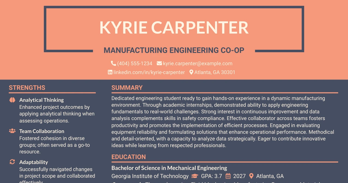 33 Manufacturing Engineering Co-op Resume Templates with Example 2026 (ATS-Optimized)