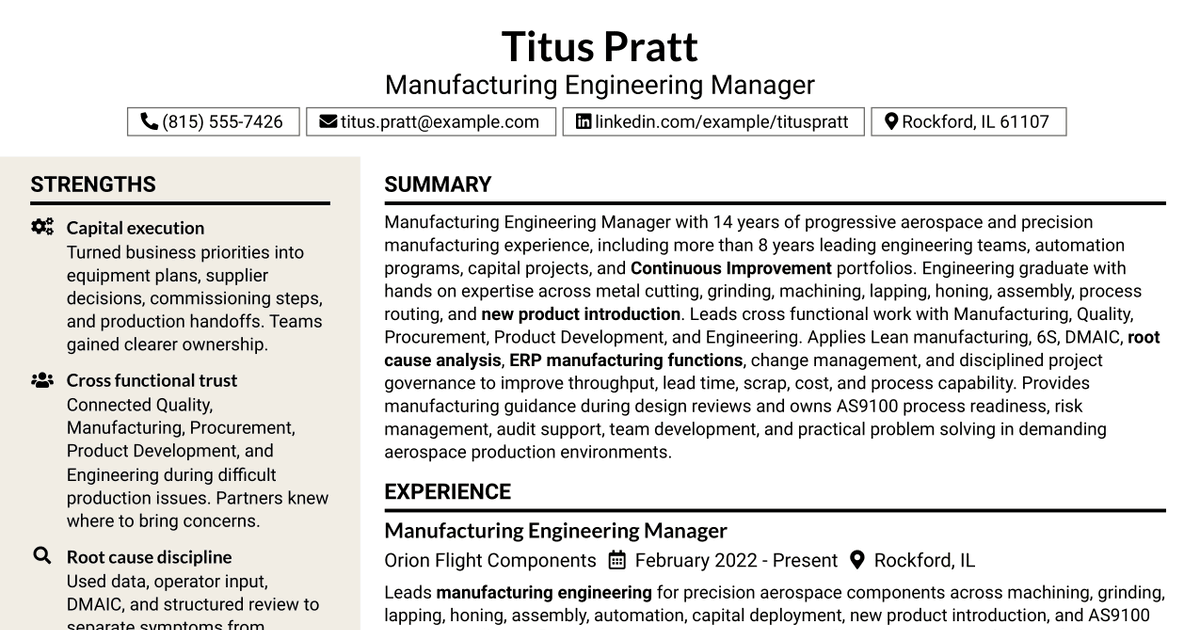 7 Manufacturing Engineering Manager Resume Templates with Example
