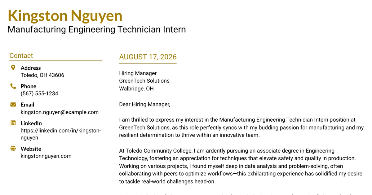 30+ Manufacturing Engineering Technician Intern Cover Letter Templates with Example 2026