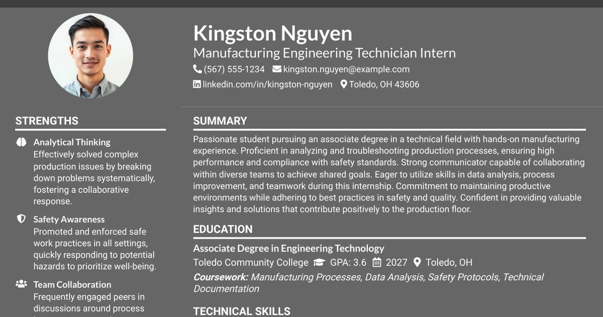33 Manufacturing Engineering Technician Intern Resume Templates with Example 2026 (ATS-Optimized)