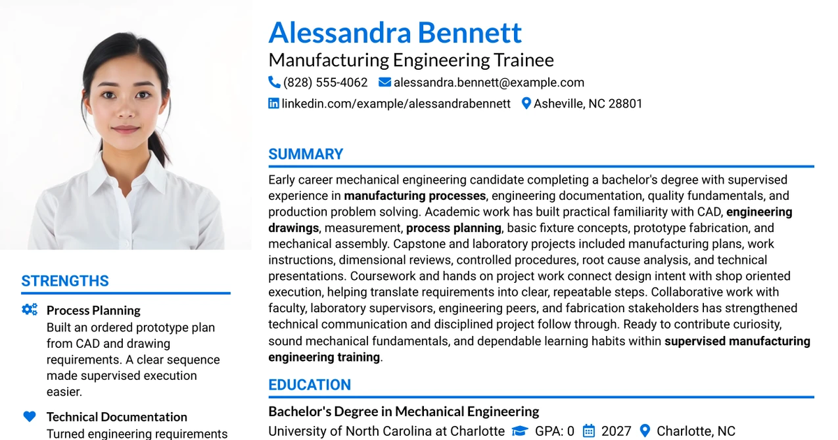 33 Manufacturing Engineering Trainee Resume Templates with Example 2026 (ATS-Optimized)