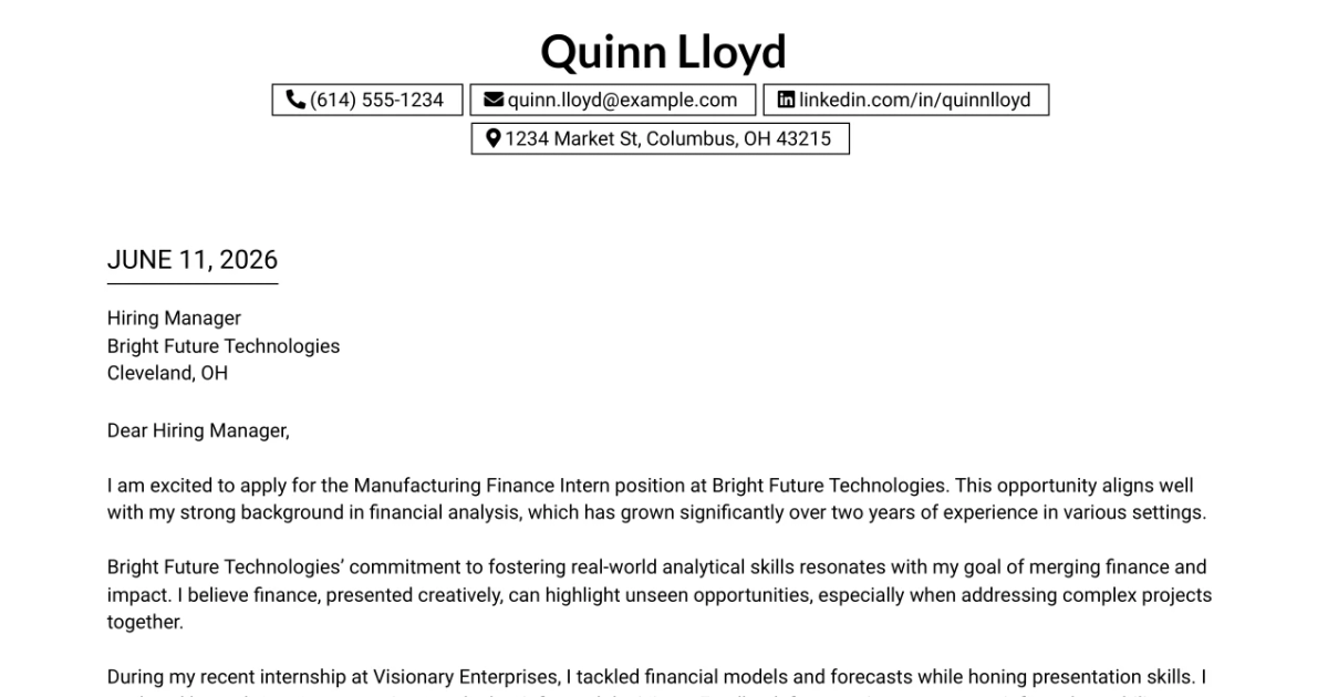 30+ Manufacturing Finance Intern: Data-Driven Forecasting Cover Letter Templates with Example 2026