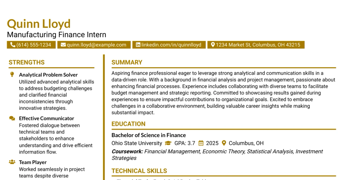 33 Manufacturing Finance Intern: Data-Driven Forecasting Resume Templates with Example 2026 (ATS-Optimized)