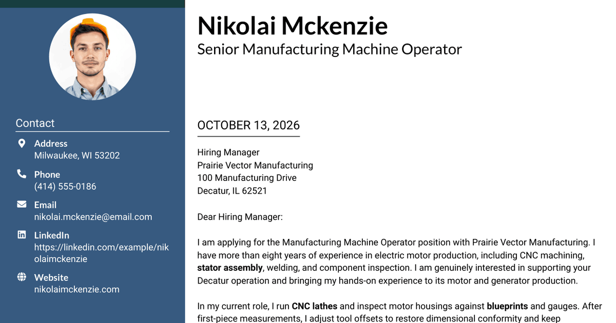7 Manufacturing Machine Operator - Electric Motor Assembly Cover Letter Templates with Example