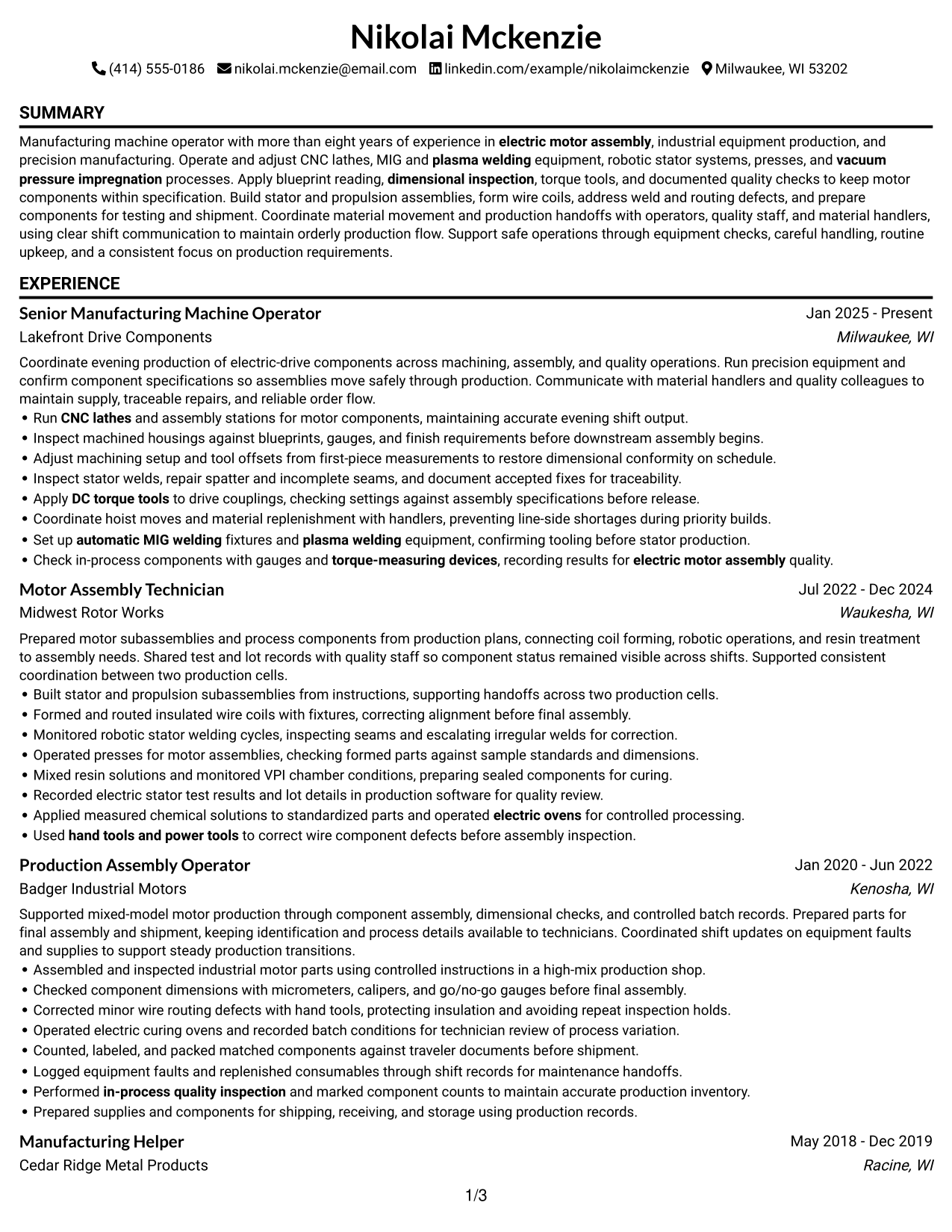 Resume Example Page 1