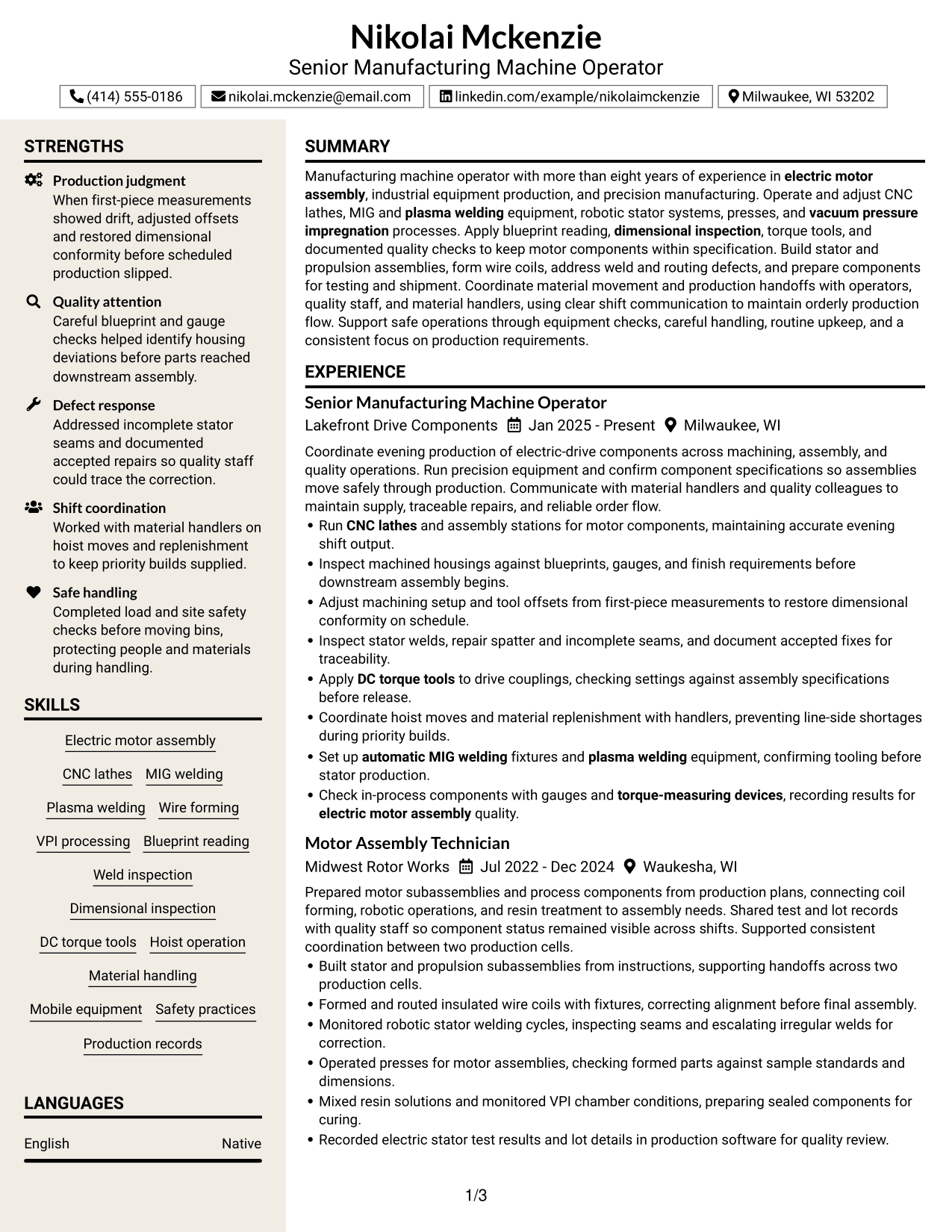 Resume Example Page 1