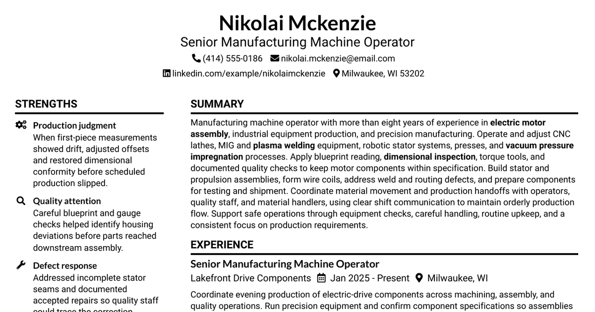 7 Manufacturing Machine Operator - Electric Motor Assembly Resume Templates with Example