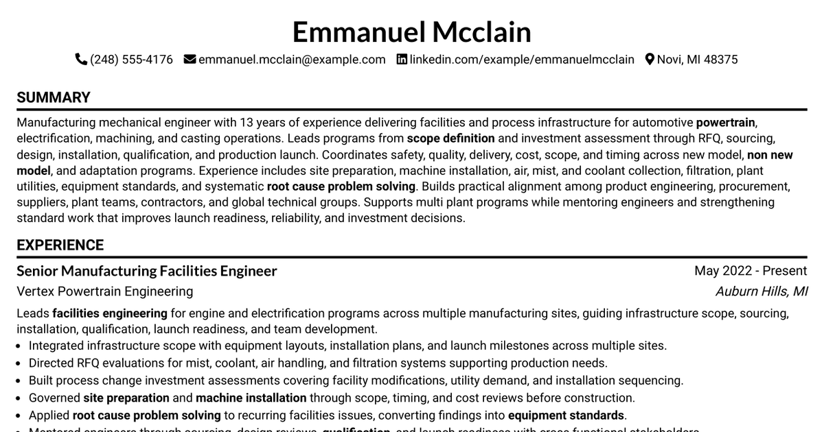 7 Manufacturing Mechanical Engineer - UPE NA Facilities Resume Templates with Example