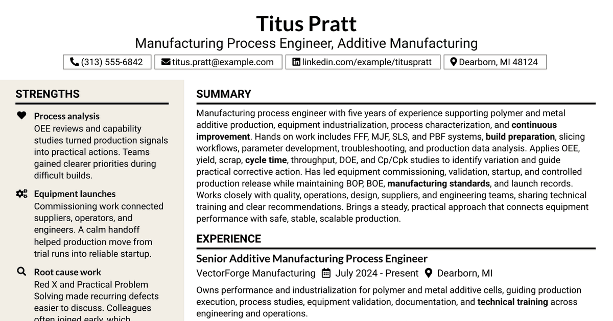 7 Manufacturing Process Engineer - Additive Manufacturing Resume Templates with Example