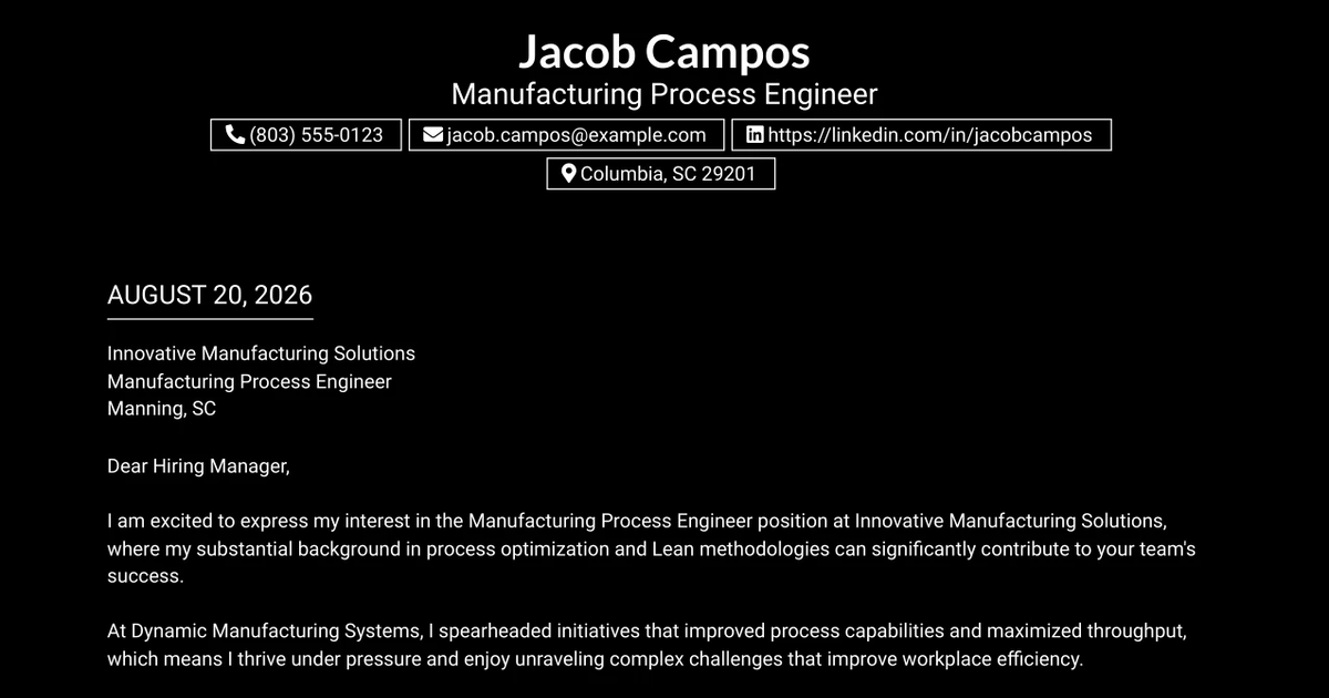 30+ Manufacturing Process Engineer Cover Letter Templates with Example 2026