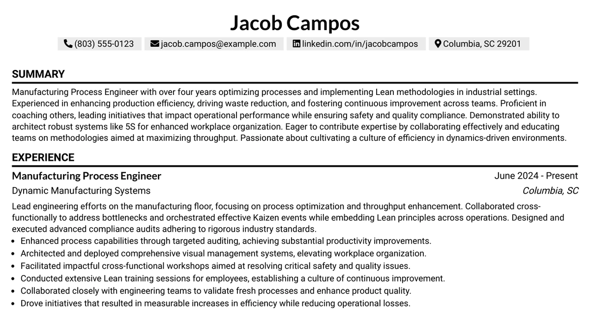 33 Manufacturing Process Engineer Resume Templates with Example 2026 (ATS-Optimized)
