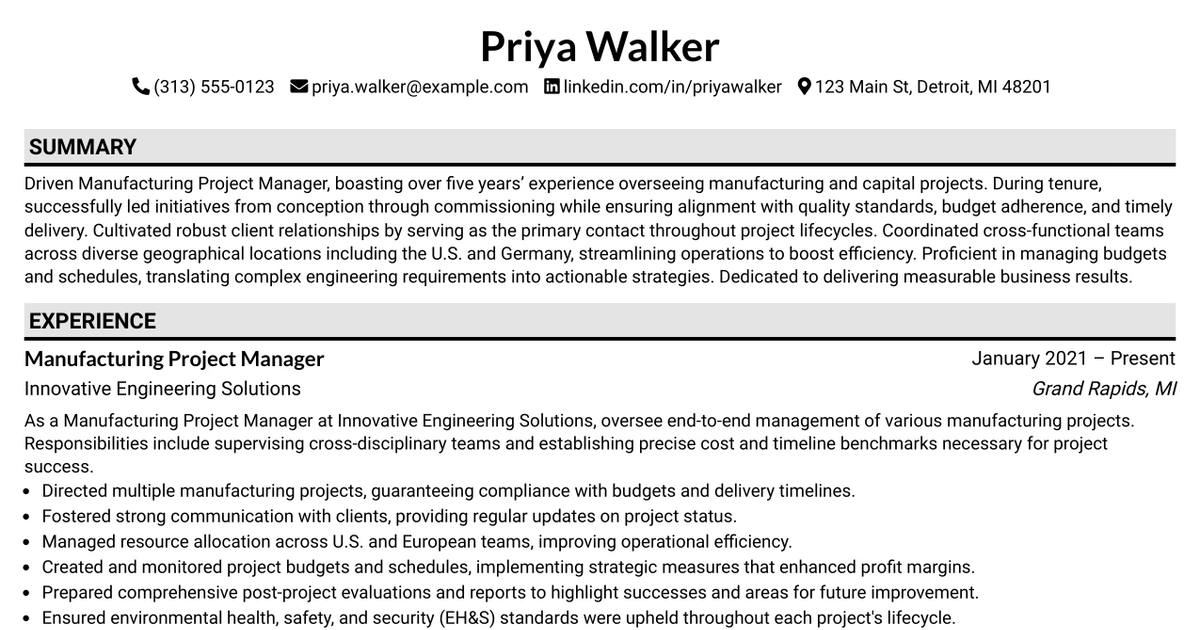 33 Manufacturing Project Manager Resume Templates with Example 2026 (ATS-Optimized)