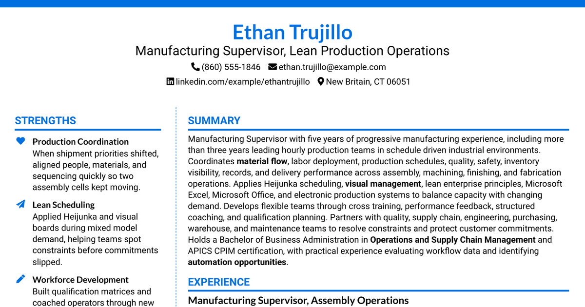 7 Manufacturing Supervisor Resume Templates with Example